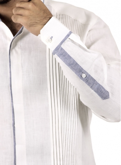 Guayabera Shirt 100 % Linen White with Tucks and Blue Details GUAYABERAS