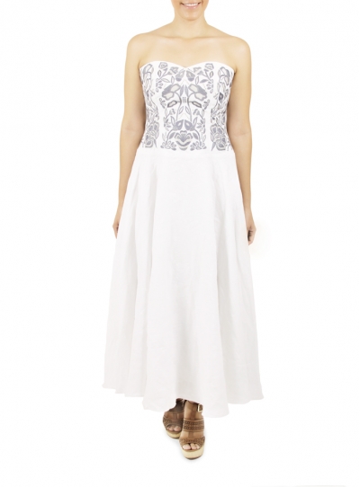 White Long Dress With Artisan Made Embroidery On The Corset WOMEN