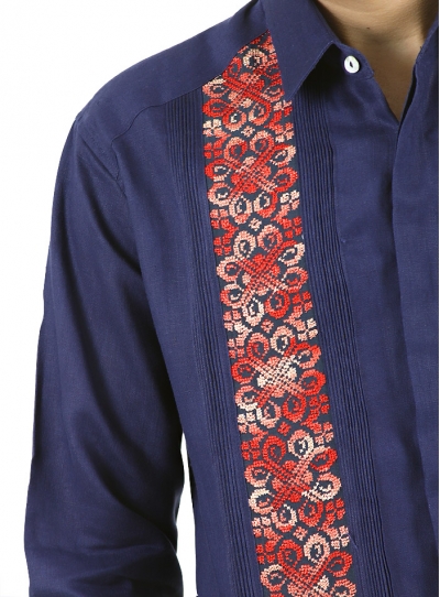 Embroidered Blue Linen Guayabera GUAYABERAS