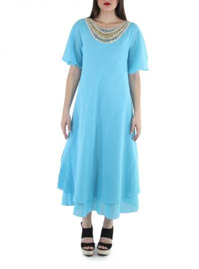 Hand Made Turquoise Cotton Maxi Dress DRESSES