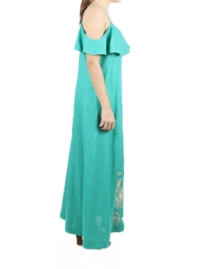 Long Emerald Dress with Khaki Color Artisan Embroidery DRESSES