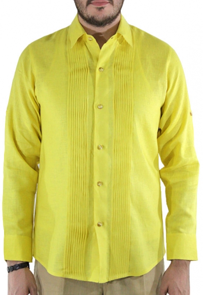 Camisa de Lino 100% Corte Slim Con Alforzas Color Amarillo CAMISAS