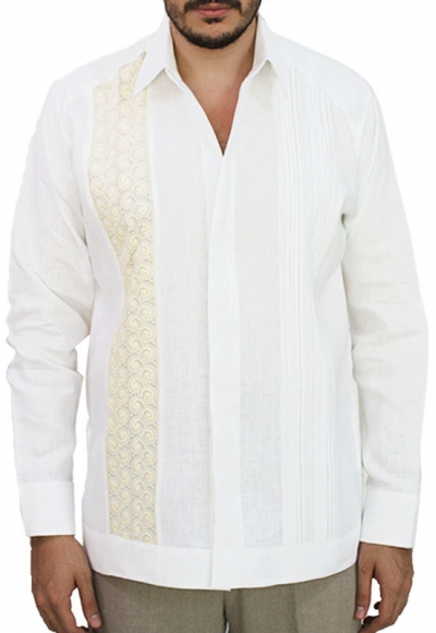 Embroidered White Irish Linen Guayabera Shirt MEN