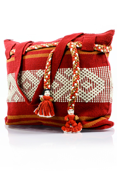 Mexican Folkart Red Beige Waist Loom Handbag BAGS & POUCHES