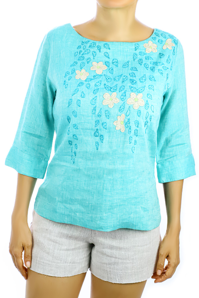 Blusa  100% De Lino Color Azul Jaspeado Bordado a Mano BLUSAS