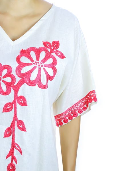 White Pure Linen Handmade Embroidered Blouse With Hand Embroidery TOPS