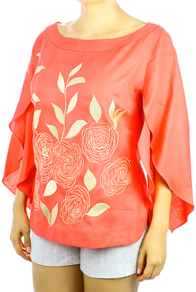 Top de Lino Color Coral Con Bordado Artesanal BLUSAS