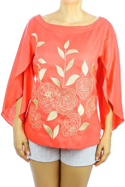 Top de Lino Color Coral Con Bordado Artesanal BLUSAS