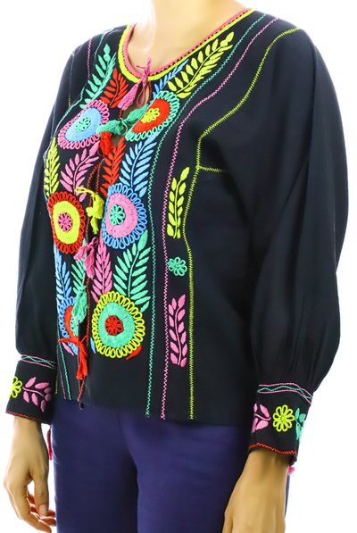 Black Cotton Hand Embroidered Blouse TOPS