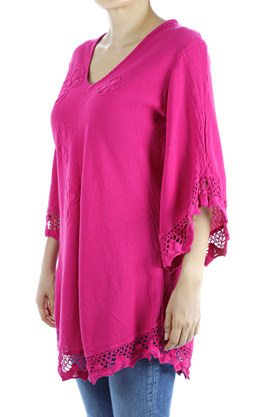 Pink Color Cotton Long Sleve Hand Embroidered Crochet Top TOPS