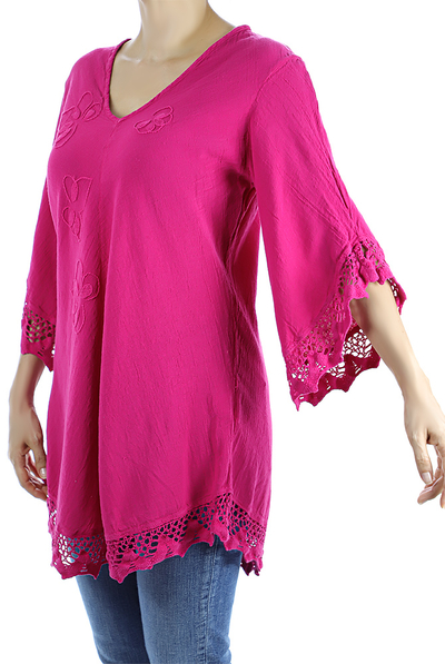 Pink Color Cotton Long Sleve Hand Embroidered Crochet Top TOPS