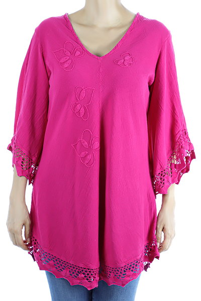 Pink Color Cotton Long Sleve Hand Embroidered Crochet Top TOPS