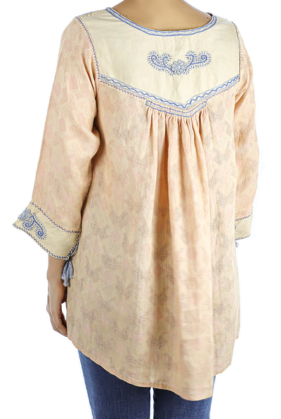 Mustard Color Handmade Embroidered Pique Linen Blouse With Hand Embroidery TOPS