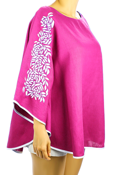 Pink Linen Top With Handmade Embroidery Mexican Art TOPS