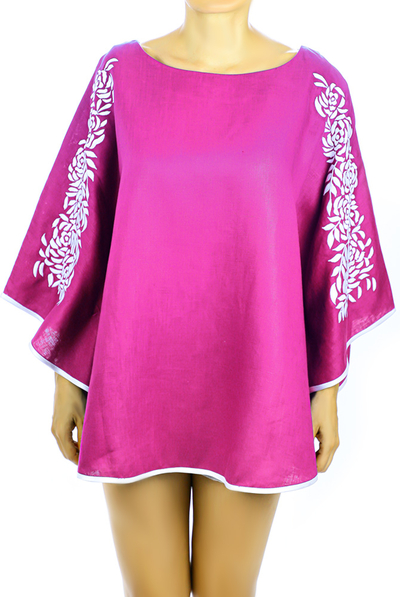 Pink Linen Top With Handmade Embroidery Mexican Art TOPS