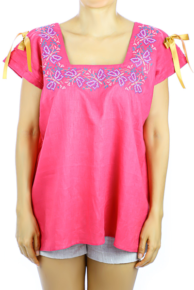 Pink Embroidered Top 100% Pure Linen TOPS