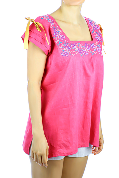 Pink Embroidered Top 100% Pure Linen TOPS