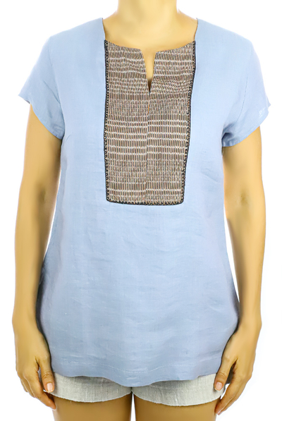 Blue Linen Top With Waist Loom TOPS