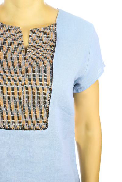 Blue Linen Top With Waist Loom TOPS