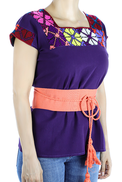 Purple Color Cotton Short Sleve Hand Embroidered Top TOPS