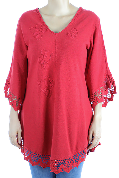 Red Color Cotton Long Sleve Hand Embroidered Crochet Top TOPS