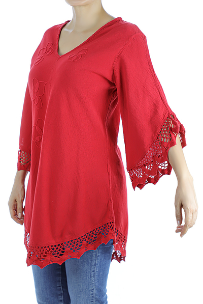 Red Color Cotton Long Sleve Hand Embroidered Crochet Top TOPS