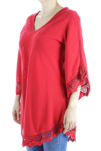 Red Color Cotton Long Sleve Hand Embroidered Crochet Top TOPS