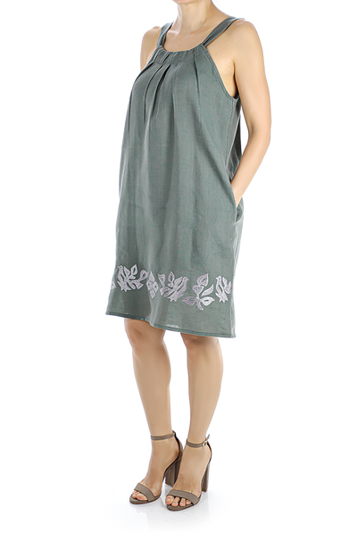 Military Green Linen Short Dress with Artisan Made Embroidery DRESSES