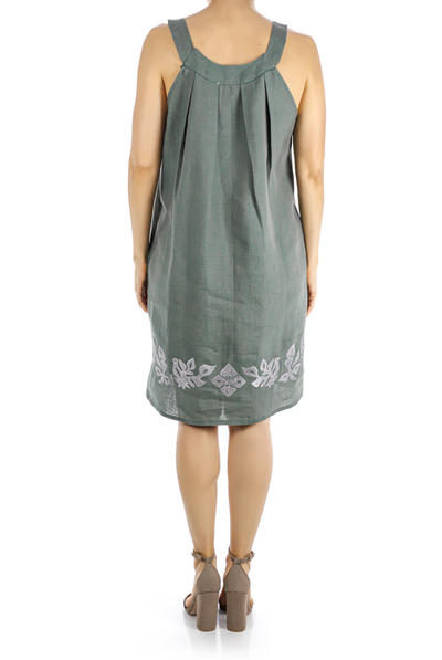 Military Green Linen Short Dress with Artisan Made Embroidery DRESSES