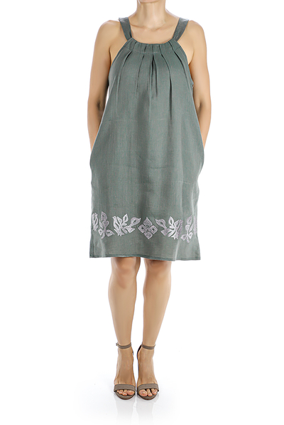 Military Green Linen Short Dress with Artisan Made Embroidery DRESSES