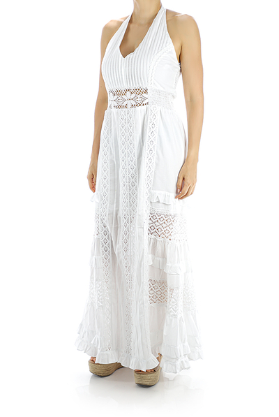 Long White Party Dress Cotton with Fine Lace WOMEN