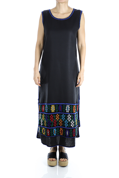 Artisan Made Black Linen Dress with Hand Embroidery DRESSES