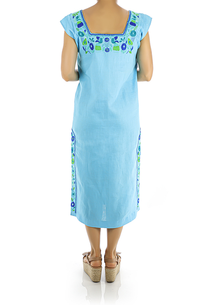 Aqua Colored Linen Dress With Handmade Embroidery DRESSES