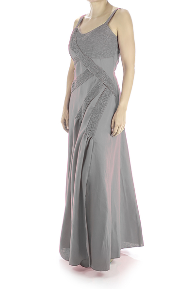 100% Pure Linen Long Dress With Pleats Gray Color DRESSES