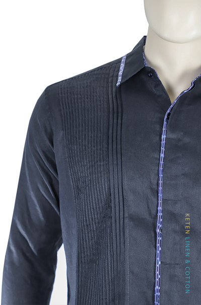 Guayabera Lino Negro Hecho a Mano con Combinacion de Telar GUAYABERAS 